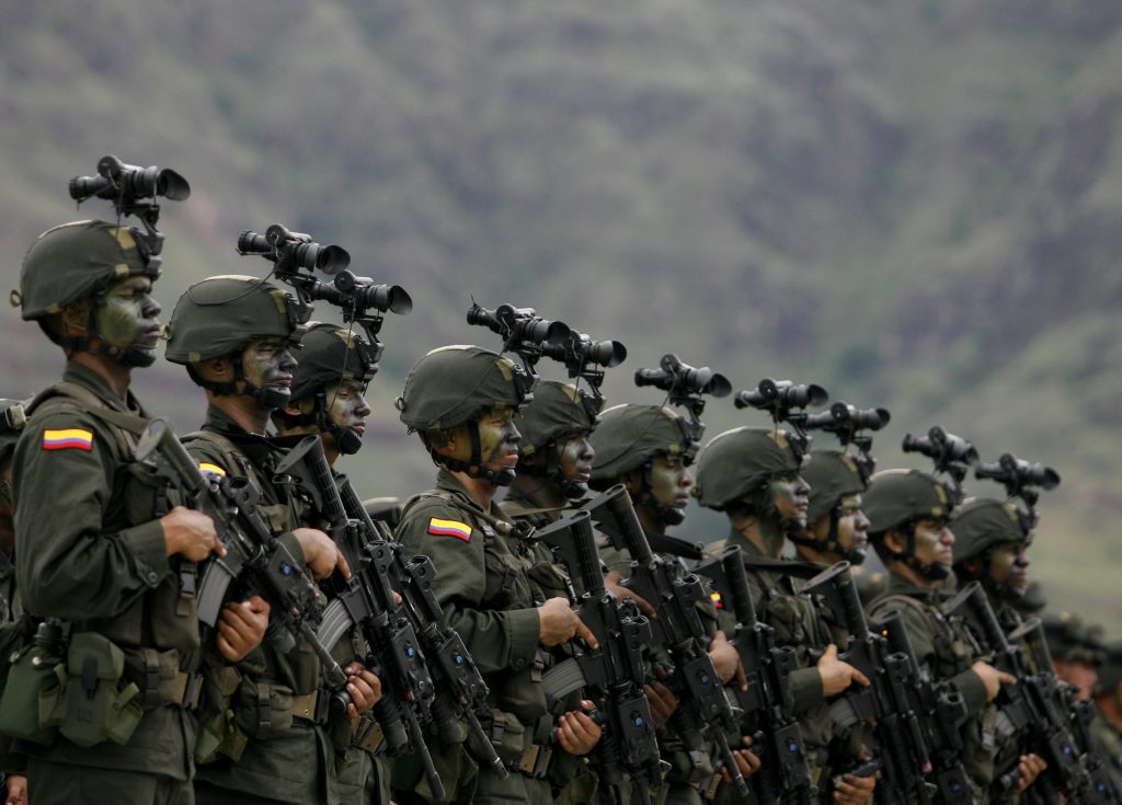 Colombian national policemen attend the inauguration of an international training school in Pijao, Tolima, Colombia in 2009. For decades Colombia, alongside the United States, has helped train policemen and military officials both within its own borders and in the region.   (REUTERS/John Vizcaino)