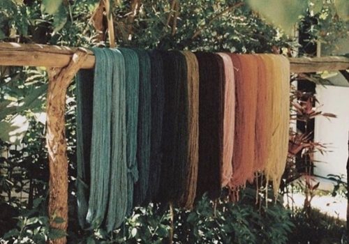 Colorful yarn hanging over a branch