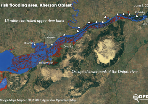 An animated map showing potential locations subjected to flooding hazards as a result of the rupture of the Nova Kakhovka dam. (Source: MapZen via ESA/Sentinel EOBrowser, annotations: DFRLab)
