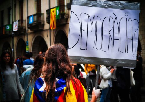 A crowd of people is viewed from behind, and one person is holding a sign that says "Democracia"