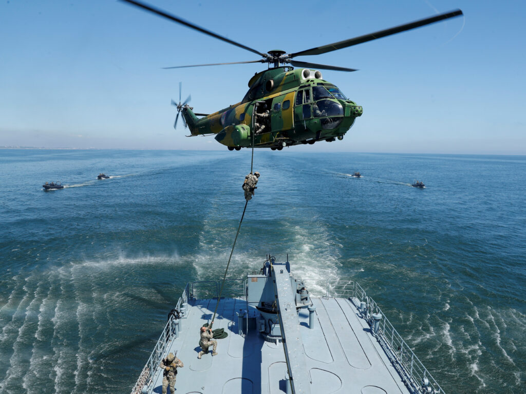 Romanian helicopter Puma 330 is seen as Romanian, British and US maritime NATO forces carry out 'Exercise Trojan Footprint' exercises during a media tour of the special operations at sea off Constanta, Romania, May 9, 2022.