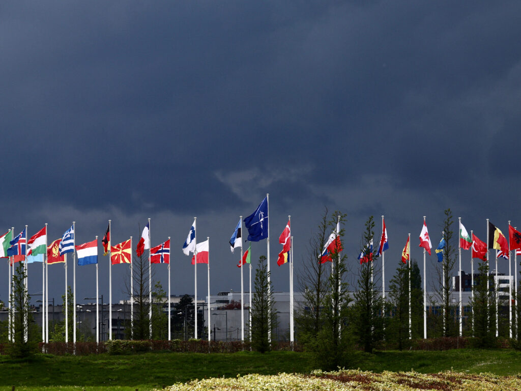 National flags of the Alliance's members flutter at the NATO headquarters in Brussels, Belgium, April 17, 2024.