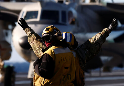 US Navy sailors operate onboard aircraft carrier USS Harry S. Truman, in the Adriatic Sea, February 2, 2022.