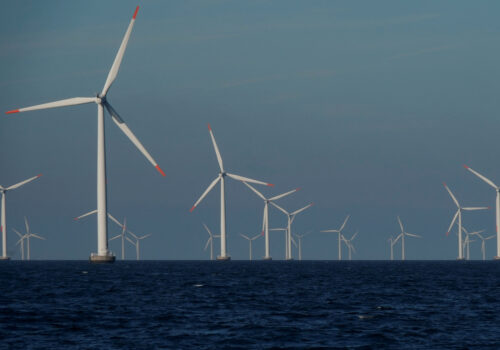 Turbines at an offshore wind farm near Nysted, Denmark.