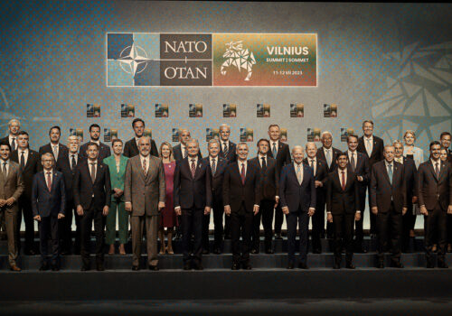 NATO leaders all together on stage.