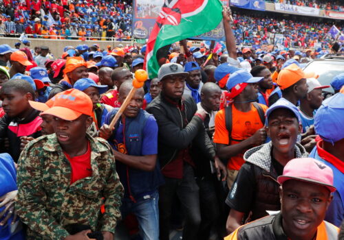 Supporters of Kenya's opposition leader and presidential candidate Raila Odinga, of the Azimio La Umoja (Declaration of Unity) One Kenya Alliance, attend his final campaign rally ahead of the August 9th General election, at the Kasarani Stadium in Nairobi, Kenya, August 6, 2022.